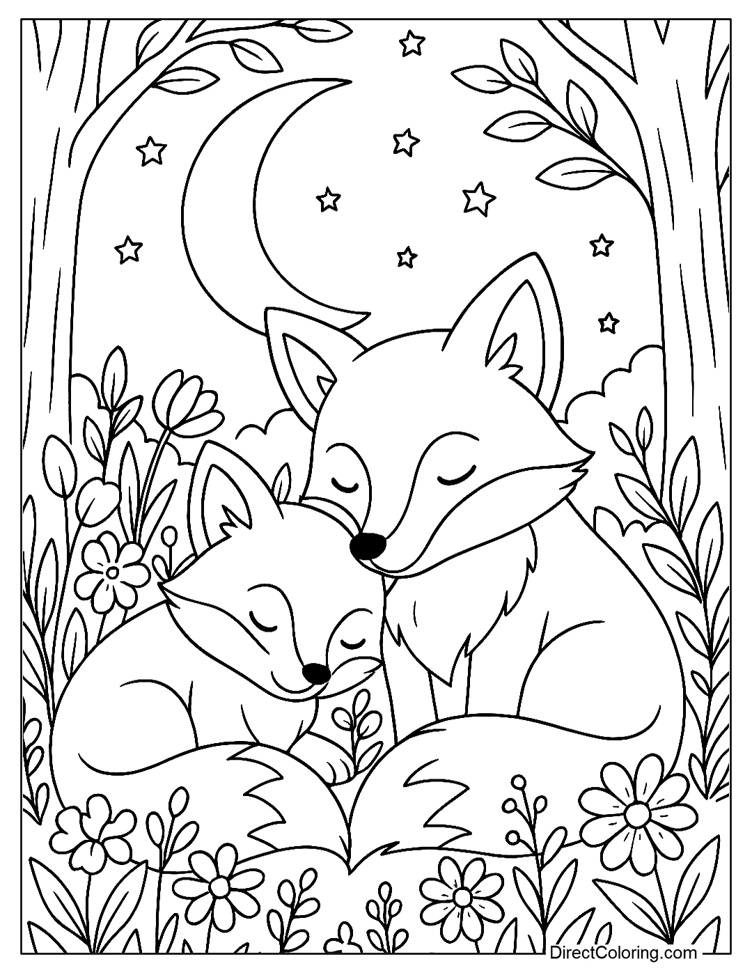 coloring page of a mother fox and her baby fox sleeping in a purple flower forest under the moonlight